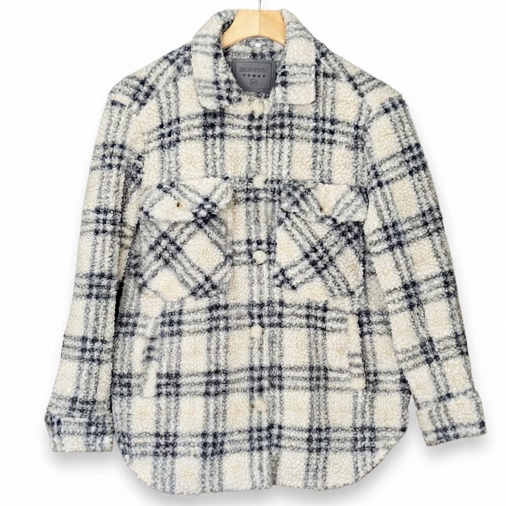 BlankNYC Plaid Teddy Sherpa Shacket Jacket Cream Gray Tan Size XS